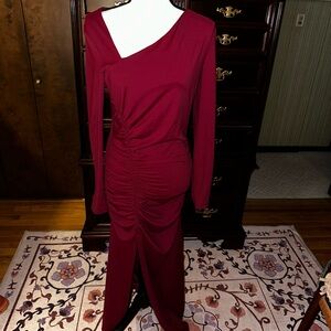 Susana Monaco Burgundy Asymmetrical Ruched Long Sleeve Dress